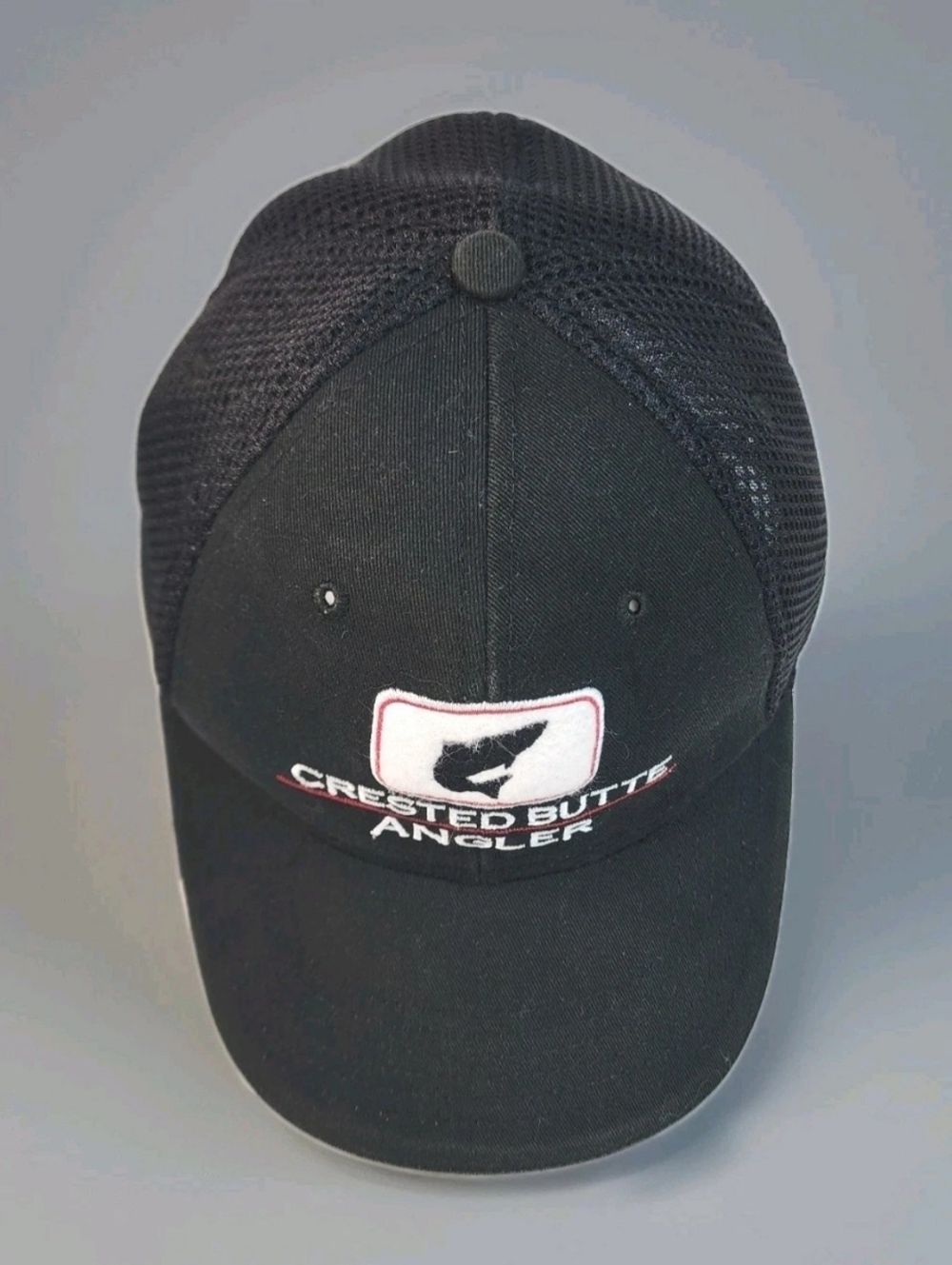 Crested Butte Angler Hat Fish Logo Ball Cap Black Mesh Stretch Fit S/M